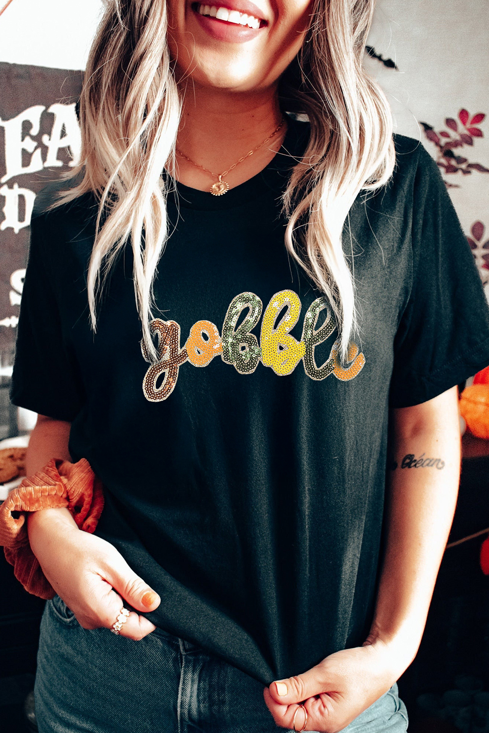 Black Gobble Sequin Letter Tee for Women – Fun Thanksgiving Top for Everyday Outfits - Detail View 2 Black Gobble Sequin Letter Tee for Women – Fun Thanksgiving Top for Everyday Outfits - Detail View 2