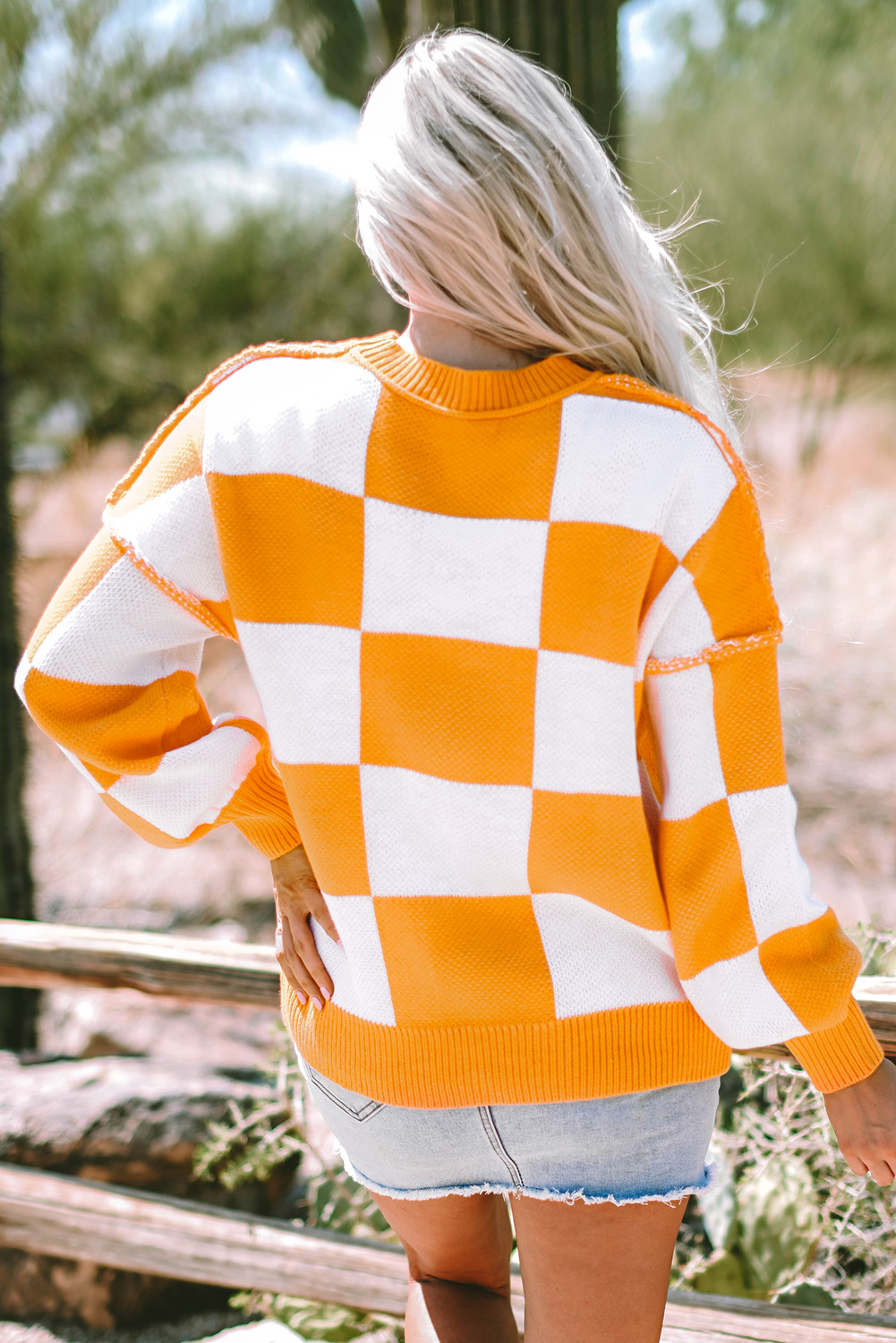 Stylish Orange Checkered Long Sleeve Sweater for Women – Perfect for Daily Wear - Detail View 6 Stylish Orange Checkered Long Sleeve Sweater for Women – Perfect for Daily Wear - Detail View 6