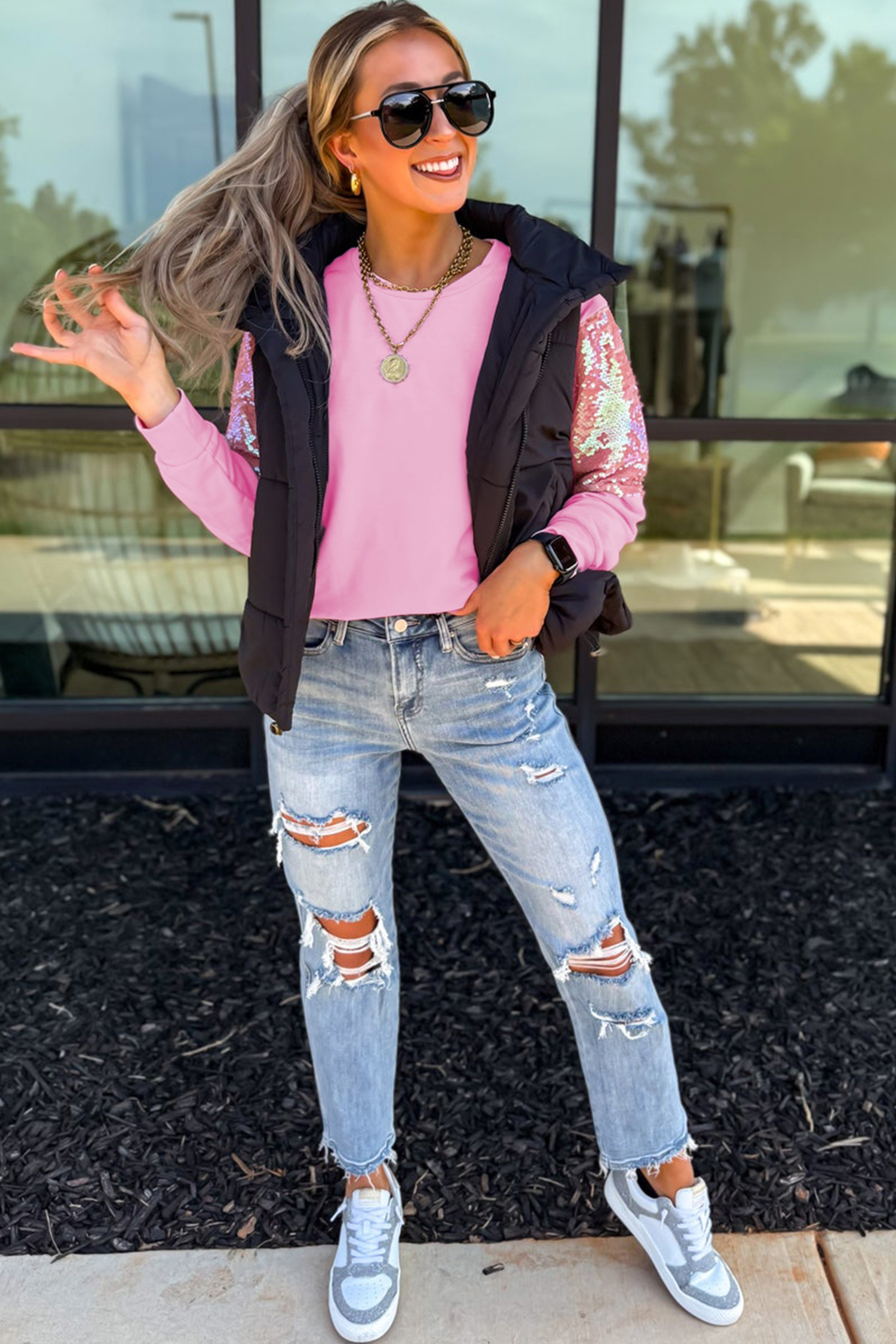 Women's Casual Pink Pullover, Sequin Sleeve Round Neck Top - Detail View 6 Women's Casual Pink Pullover, Sequin Sleeve Round Neck Top - Detail View 6
