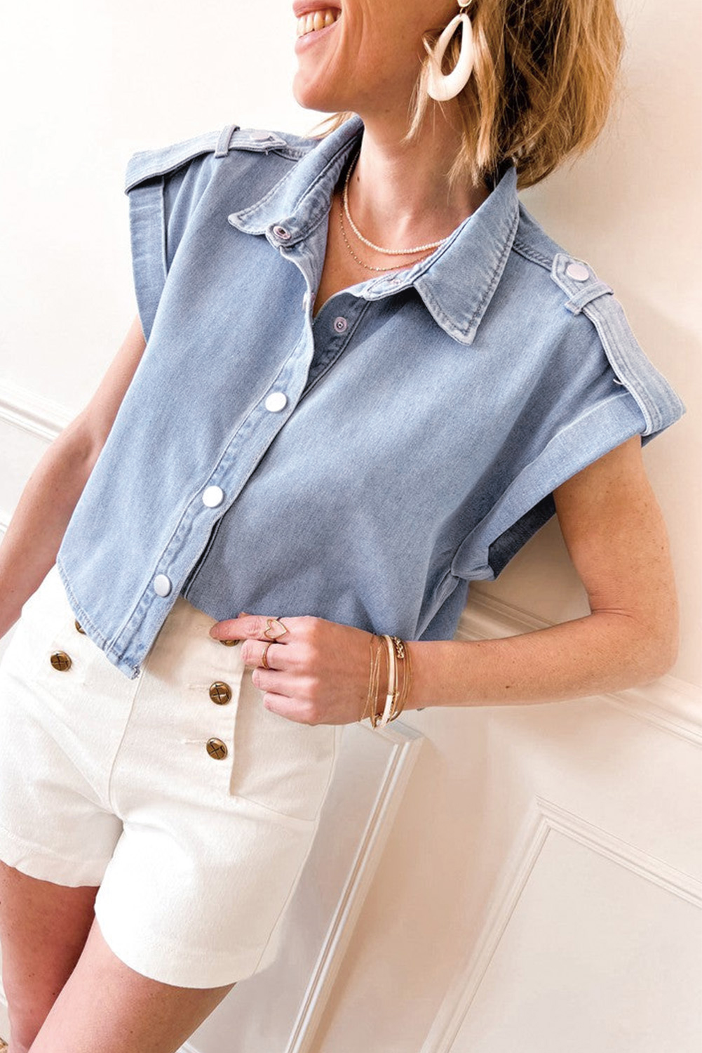 Women's Shirt, Dusk Blue, Denim Fabric, Pinup Style, Folded Cap Sleeves, Casual Wear, Cropped Length, Boxy Fit, Solid Color, Daily Wear, Summer Fashion, Tops, Blouses & Shirts - Detail View 12 Women's Shirt, Dusk Blue, Denim Fabric, Pinup Style, Folded Cap Sleeves, Casual Wear, Cropped Length, Boxy Fit, Solid Color, Daily Wear, Summer Fashion, Tops, Blouses & Shirts - Detail View 12