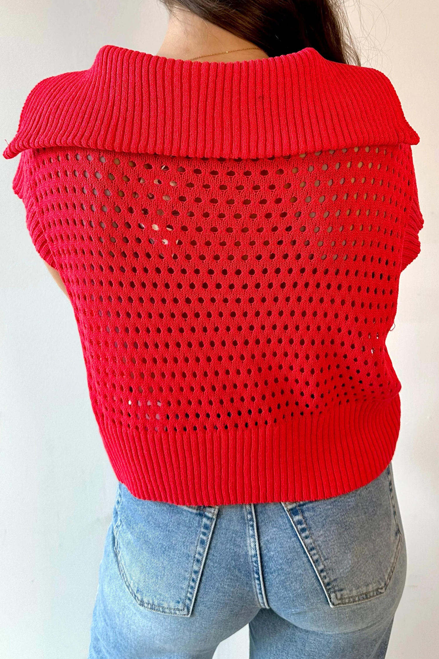 Women's Acrylic Knitwear, Red Short Sleeve Zipper Polo - Detail View 6 Women's Acrylic Knitwear, Red Short Sleeve Zipper Polo - Detail View 6