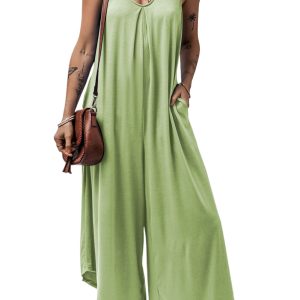 Women's Sleeveless Wide Leg Jumpsuit – Casual V-Neck Solid Grass Green Romper with Pockets - Main View