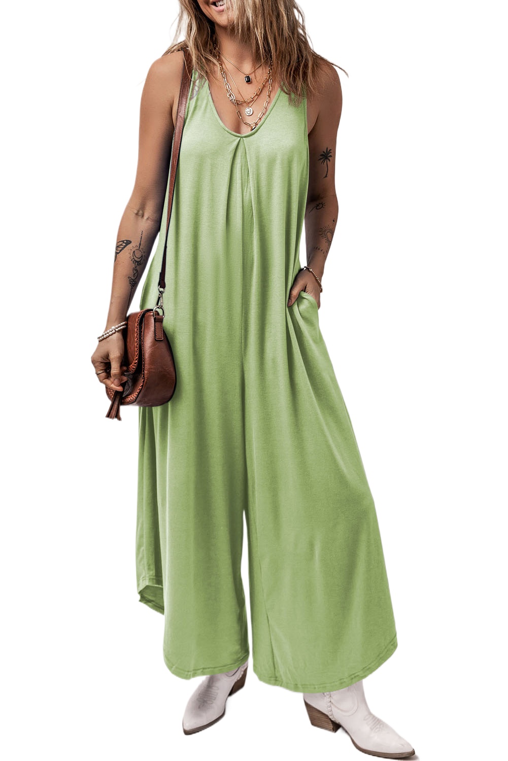 Women's Sleeveless Wide Leg Jumpsuit – Casual V-Neck Solid Grass Green Romper with Pockets - Main View Women's Sleeveless Wide Leg Jumpsuit – Casual V-Neck Solid Grass Green Romper with Pockets - Main View