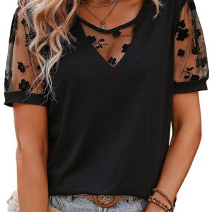 Elegant Women's Black Flora Lace Patchwork Crew Neck T-Shirt with Mesh Puff Sleeves - Main View