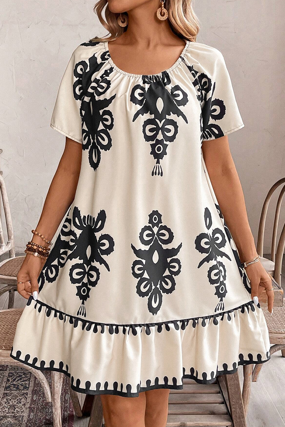 Women's Dress, Apricot Color, Western Print, Ruffled Short Sleeves, Shift Dress, Casual Dress, Lightweight, Elegant, Vacation Wear, Daily Outfit, Unique Ethnic Pattern, Comfortable, H-Line Silhouette, Geometric Print, Short Length Dress - Detail View 4 Women's Dress, Apricot Color, Western Print, Ruffled Short Sleeves, Shift Dress, Casual Dress, Lightweight, Elegant, Vacation Wear, Daily Outfit, Unique Ethnic Pattern, Comfortable, H-Line Silhouette, Geometric Print, Short Length Dress - Detail View 4
