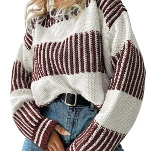 Women's Brown Two Tone Striped Drop Shoulder Sweater – Cozy Casual Autumn Wear - Main View