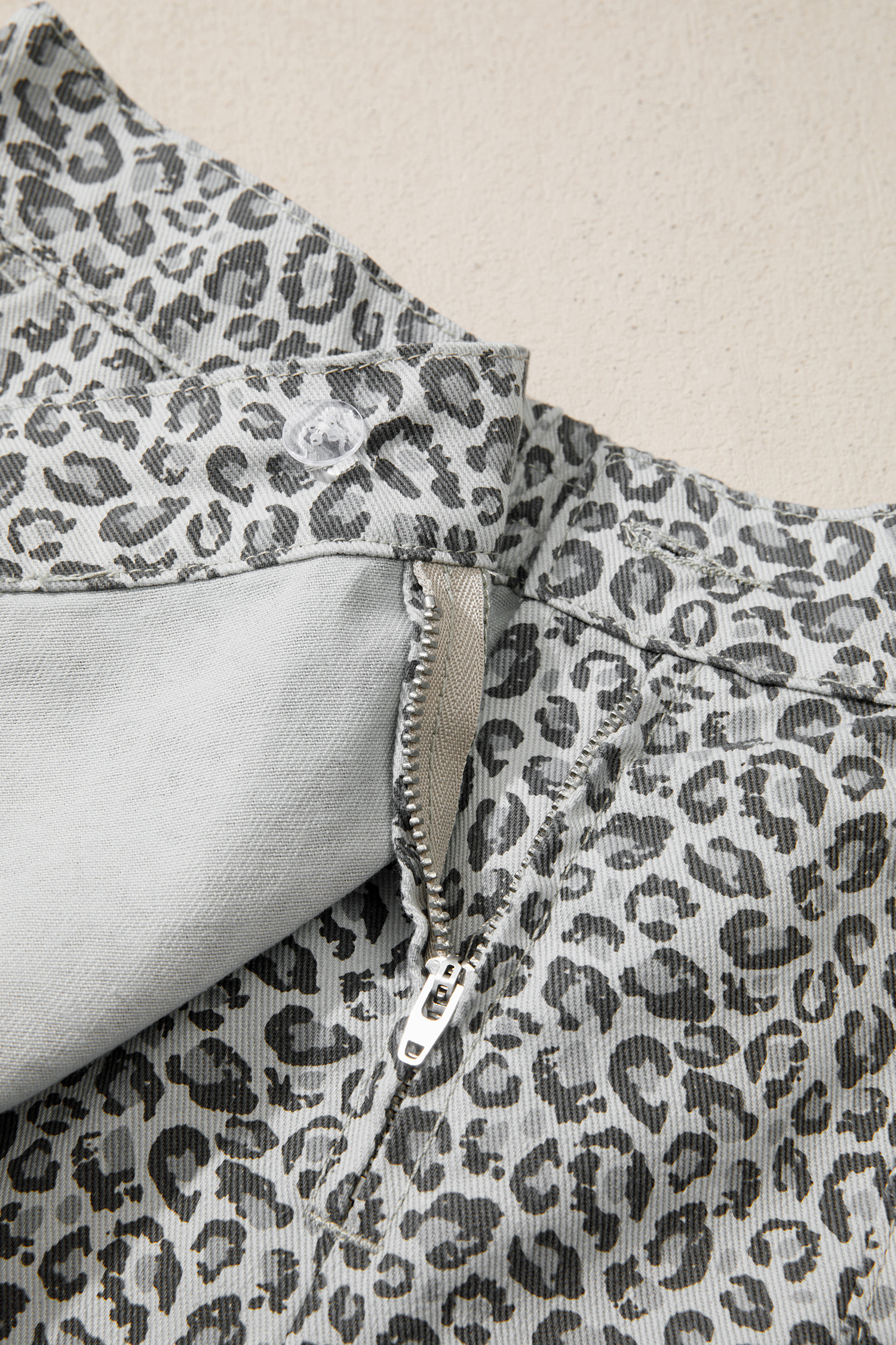 Casual Gray Leopard Denim Wrap Shorts – Trendy High Waist Summer Bottoms for Women - Detail View 12 Casual Gray Leopard Denim Wrap Shorts – Trendy High Waist Summer Bottoms for Women - Detail View 12
