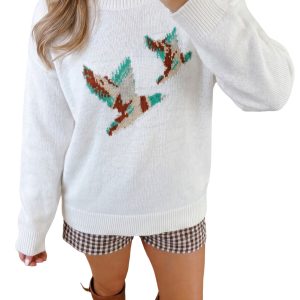 Women's Duck Print Sweater, Casual Round Neck Pullover - Main View