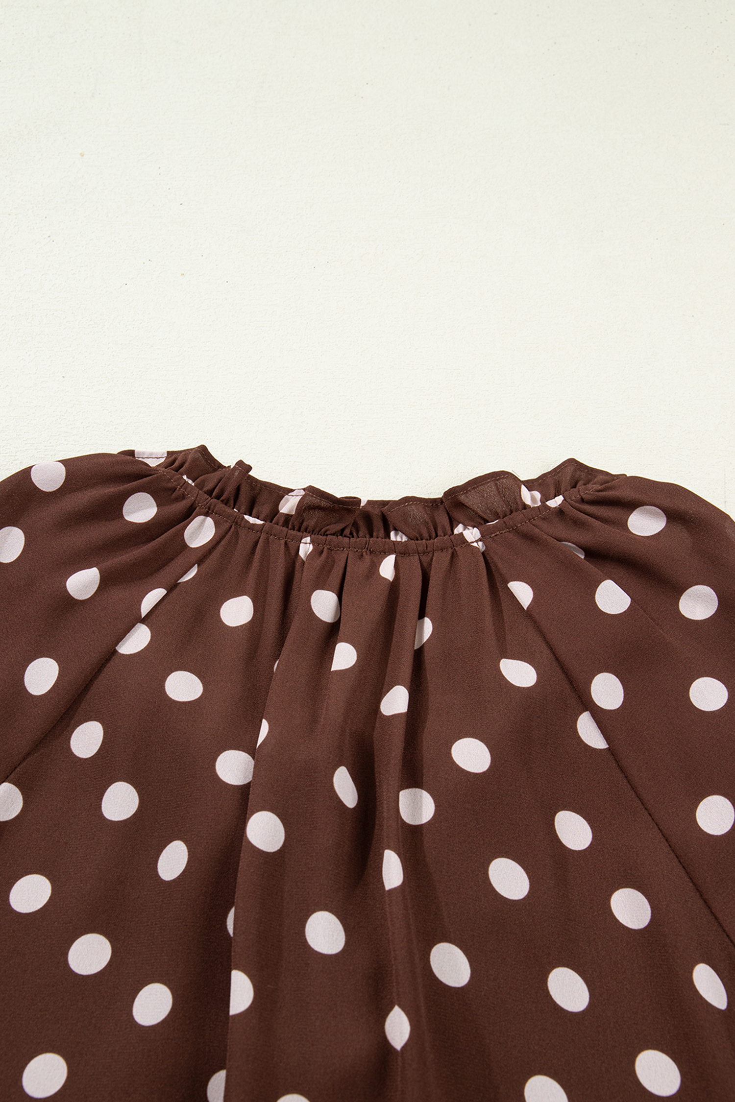 Elegant Women's V Neck Polka Dot Blouse – Coffee Print Ruffle Trim Long Sleeve Top for Spring - Detail View 9 Elegant Women's V Neck Polka Dot Blouse – Coffee Print Ruffle Trim Long Sleeve Top for Spring - Detail View 9