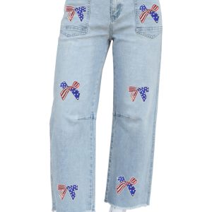 Women's Patriotic Sequin Bow Jeans – High Waist Ankle-Length Denim, Casual Beau Blue Shift Pants - Main View