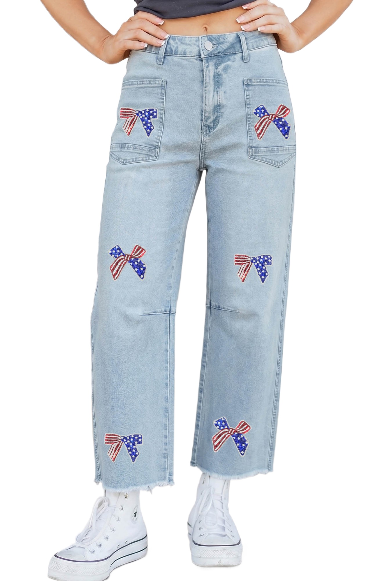 Women's Patriotic Sequin Bow Jeans – High Waist Ankle-Length Denim, Casual Beau Blue Shift Pants - Main View Women's Patriotic Sequin Bow Jeans – High Waist Ankle-Length Denim, Casual Beau Blue Shift Pants - Main View