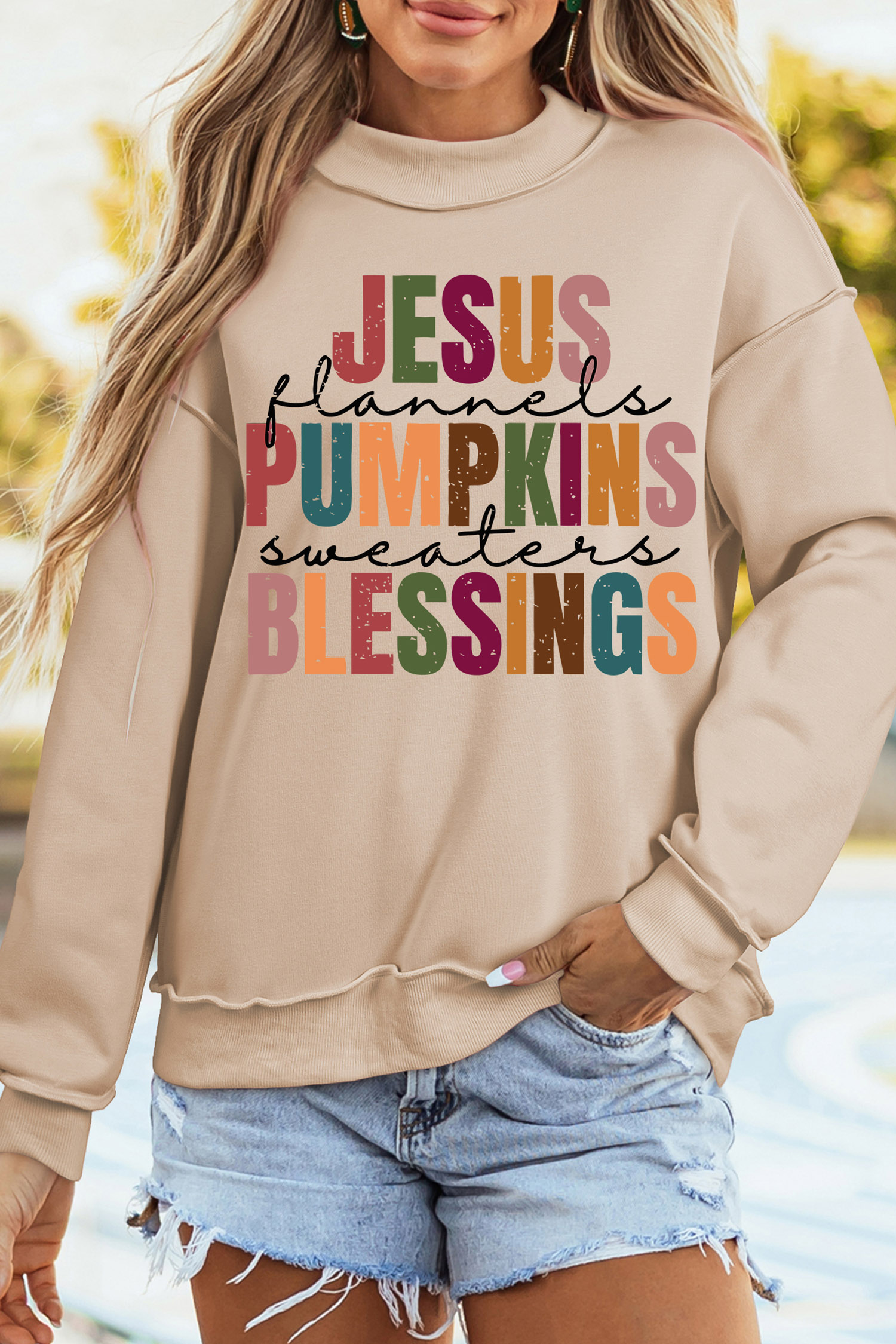 Graphic Autumn Mock Neck Sweatshirt, Women's Casual Pullover - Detail View 6 Graphic Autumn Mock Neck Sweatshirt, Women's Casual Pullover - Detail View 6