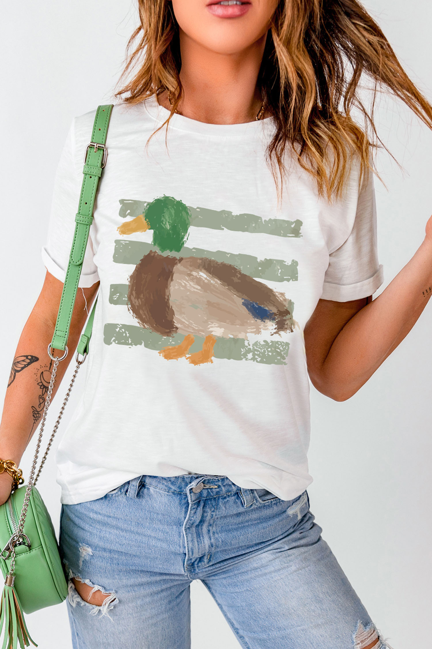 Women's Casual Western Duck T-Shirt – Short Sleeve Tee - Detail View 3 Women's Casual Western Duck T-Shirt – Short Sleeve Tee - Detail View 3