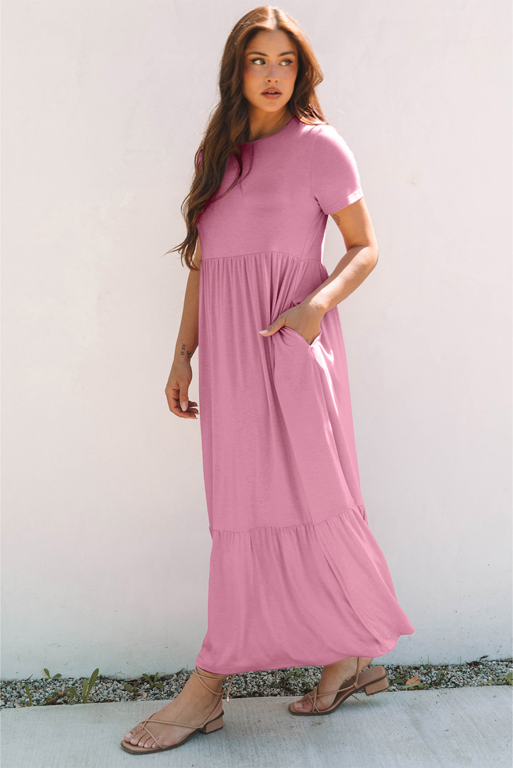 Women's Maxi Dress, Pink Dress, Solid Color, High Waist, Pocketed Dress, Casual Style, Summer Fashion, Flattering Fit, T-Shirt Style, Long Length, A-Line Silhouette, Daily Wear, Comfortable Dress - Detail View 4 Women's Maxi Dress, Pink Dress, Solid Color, High Waist, Pocketed Dress, Casual Style, Summer Fashion, Flattering Fit, T-Shirt Style, Long Length, A-Line Silhouette, Daily Wear, Comfortable Dress - Detail View 4