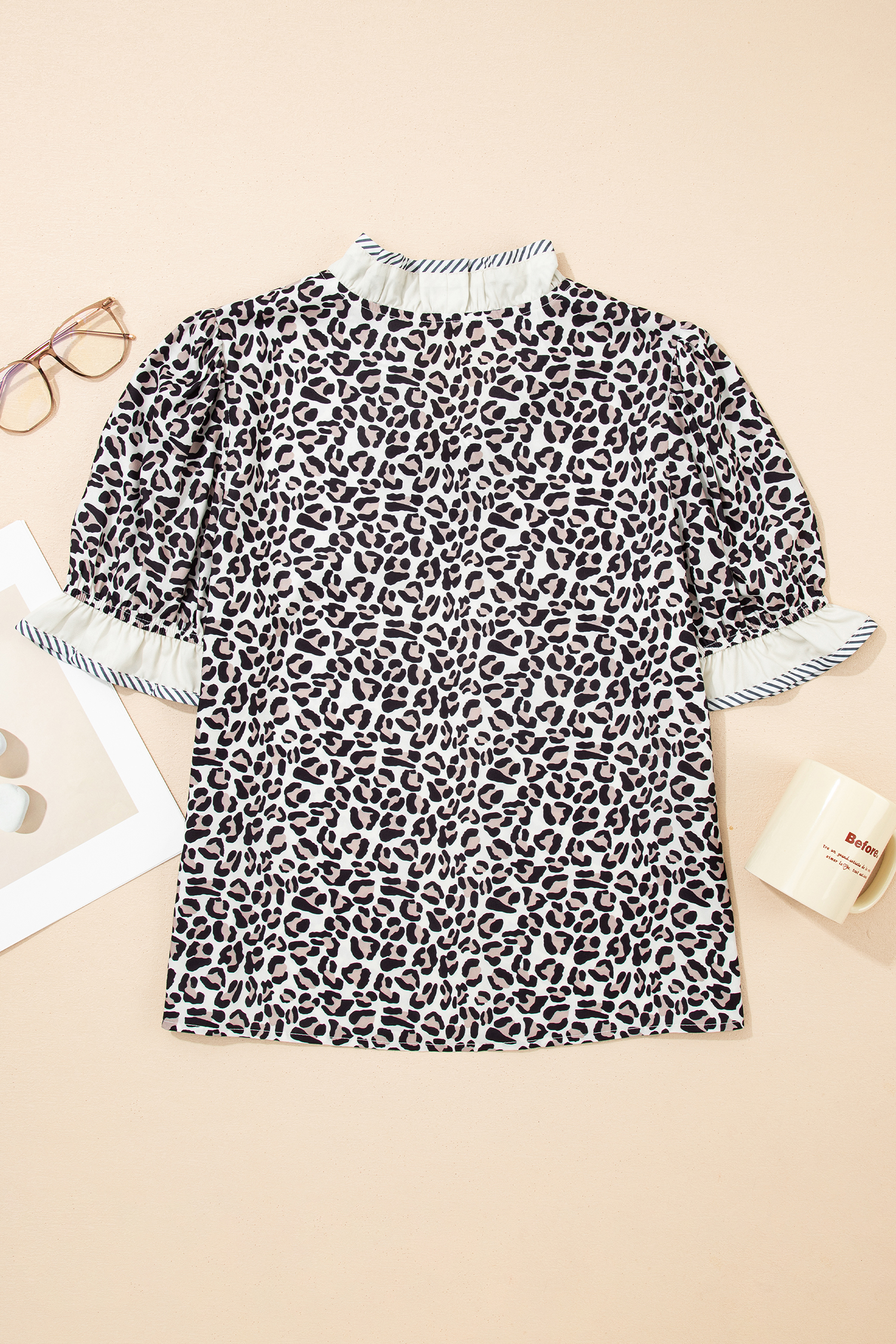 Chic Black Leopard Print Blouse with Ruffle Details – Perfect Short Sleeve Top for Office or Casual Outings - Detail View 5 Chic Black Leopard Print Blouse with Ruffle Details – Perfect Short Sleeve Top for Office or Casual Outings - Detail View 5