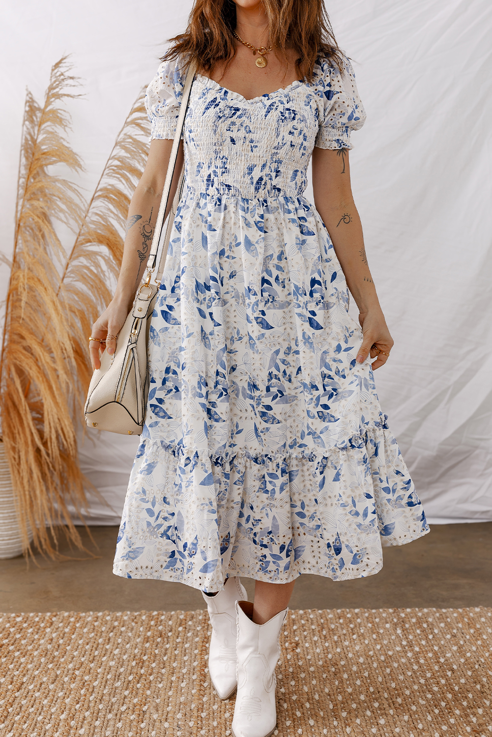 Chic Sky Blue Smocked Bodice Midi Dress for Women – Perfect for Vacation and Daily Wear - Detail View 14 Chic Sky Blue Smocked Bodice Midi Dress for Women – Perfect for Vacation and Daily Wear - Detail View 14