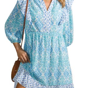 Women's Sky Blue Boho Mini Dress – Floral Patchwork Ruffle - Main View