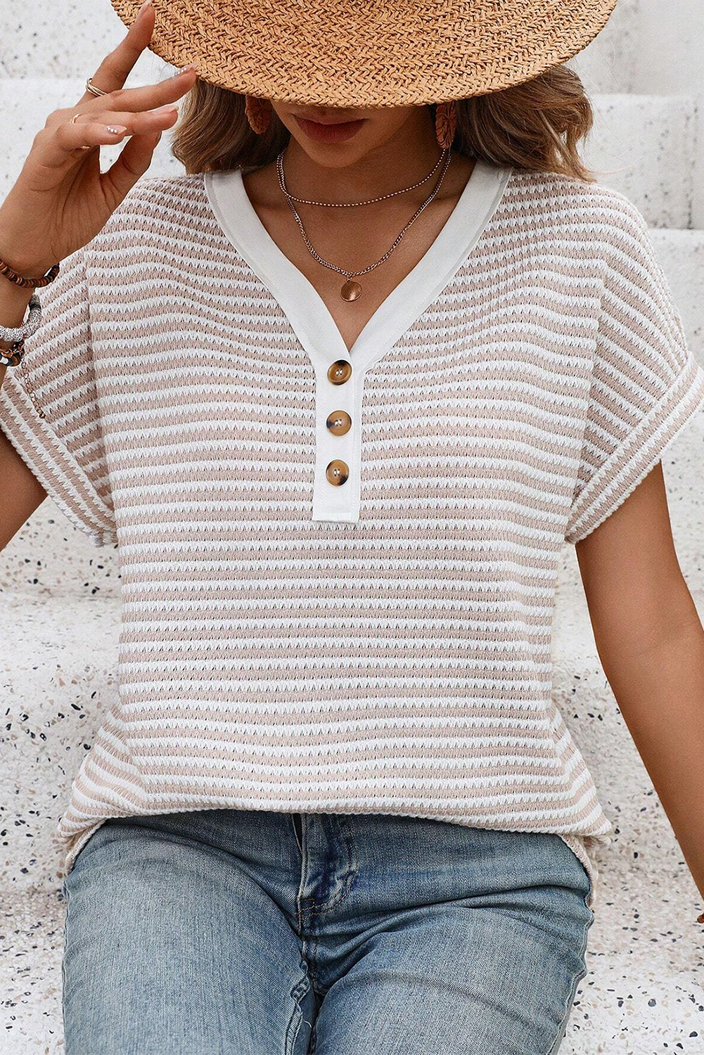 Versatile Buttoned Front V Neck Tee - Classic Striped Pattern for Summer - Detail View 15 Versatile Buttoned Front V Neck Tee - Classic Striped Pattern for Summer - Detail View 15
