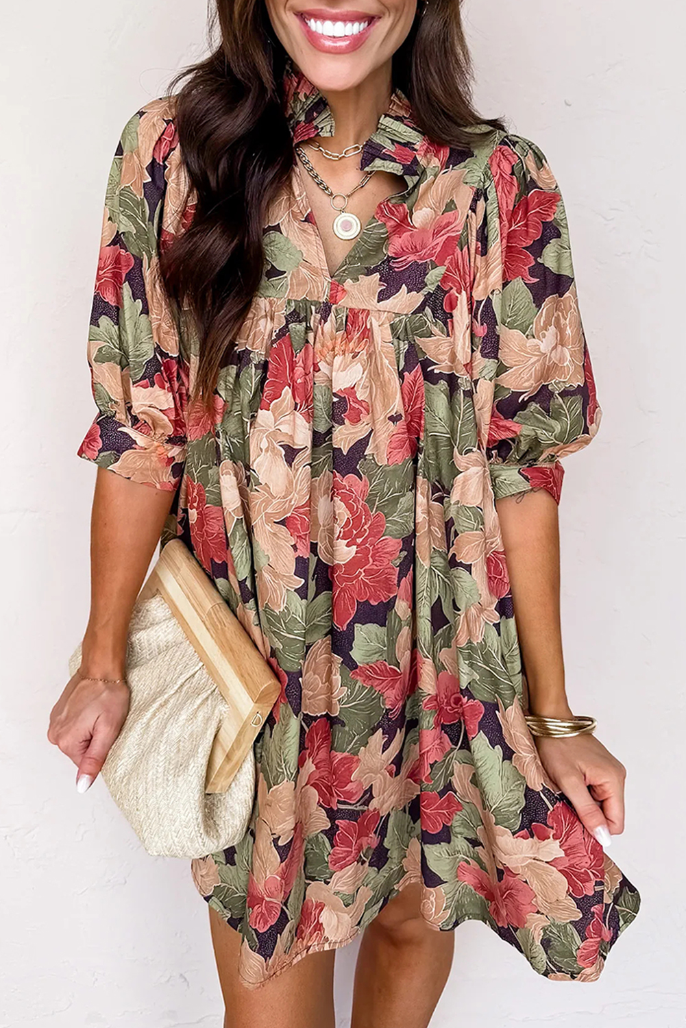 Chic Green Floral V Neck Mini Dress for Women – Perfect for Daily Wear - Detail View 2 Chic Green Floral V Neck Mini Dress for Women – Perfect for Daily Wear - Detail View 2