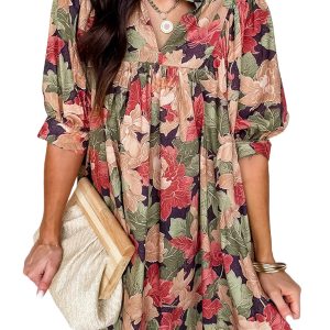Women's Green Floral Print Mini Dress with Frilled Collar – Casual Summer Style - Main View