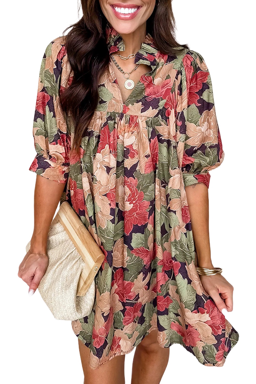 Women's Green Floral Print Mini Dress with Frilled Collar – Casual Summer Style - Main View Women's Green Floral Print Mini Dress with Frilled Collar – Casual Summer Style - Main View