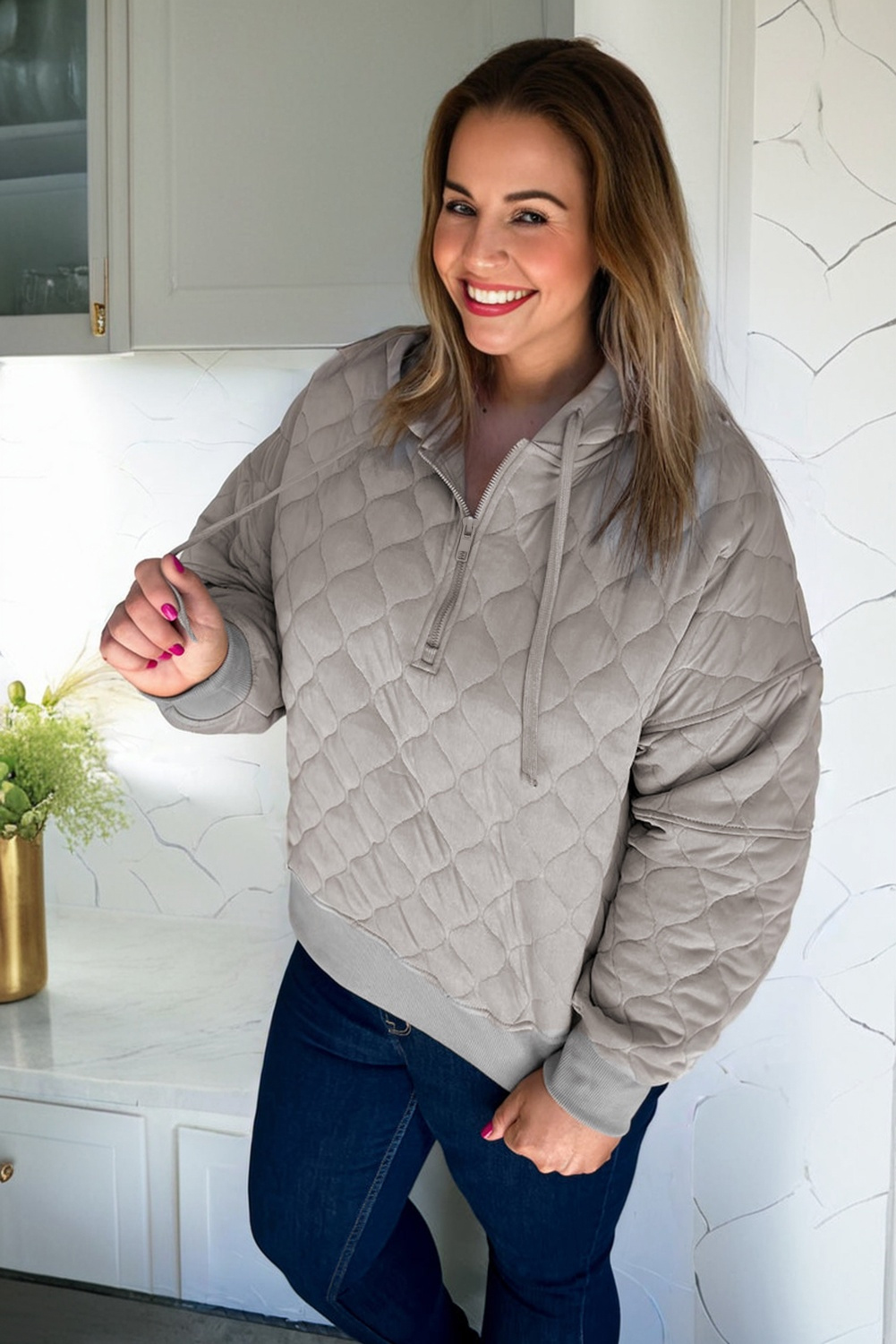 Women's Casual Gray Padded Hoodie – Quilted Quarter Zip Design for Everyday Comfort - Detail View 2 Women's Casual Gray Padded Hoodie – Quilted Quarter Zip Design for Everyday Comfort - Detail View 2