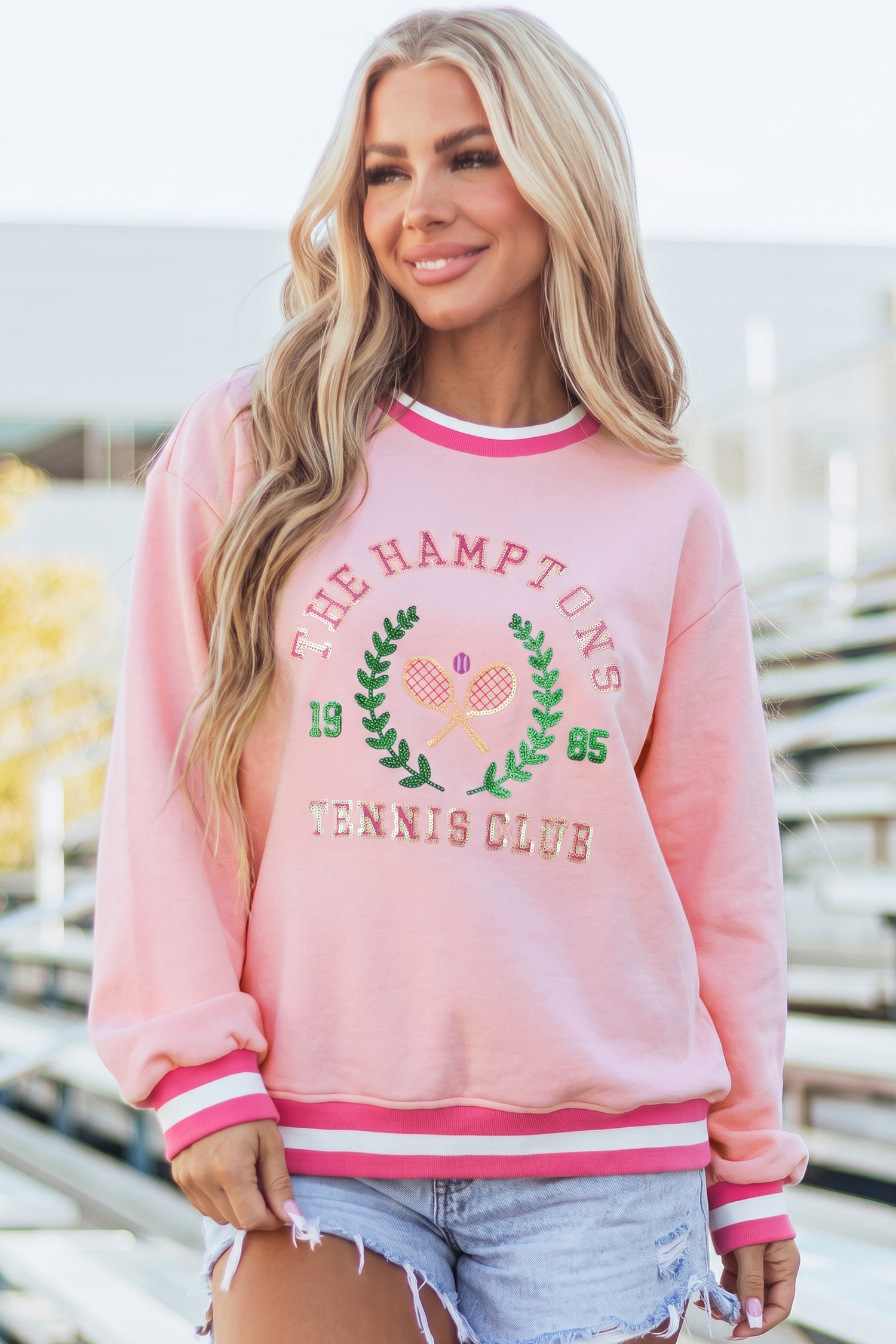 Pink Graphic Crew Neck Sweatshirt, Preppy Tennis Club Top - Detail View 2 Pink Graphic Crew Neck Sweatshirt, Preppy Tennis Club Top - Detail View 2