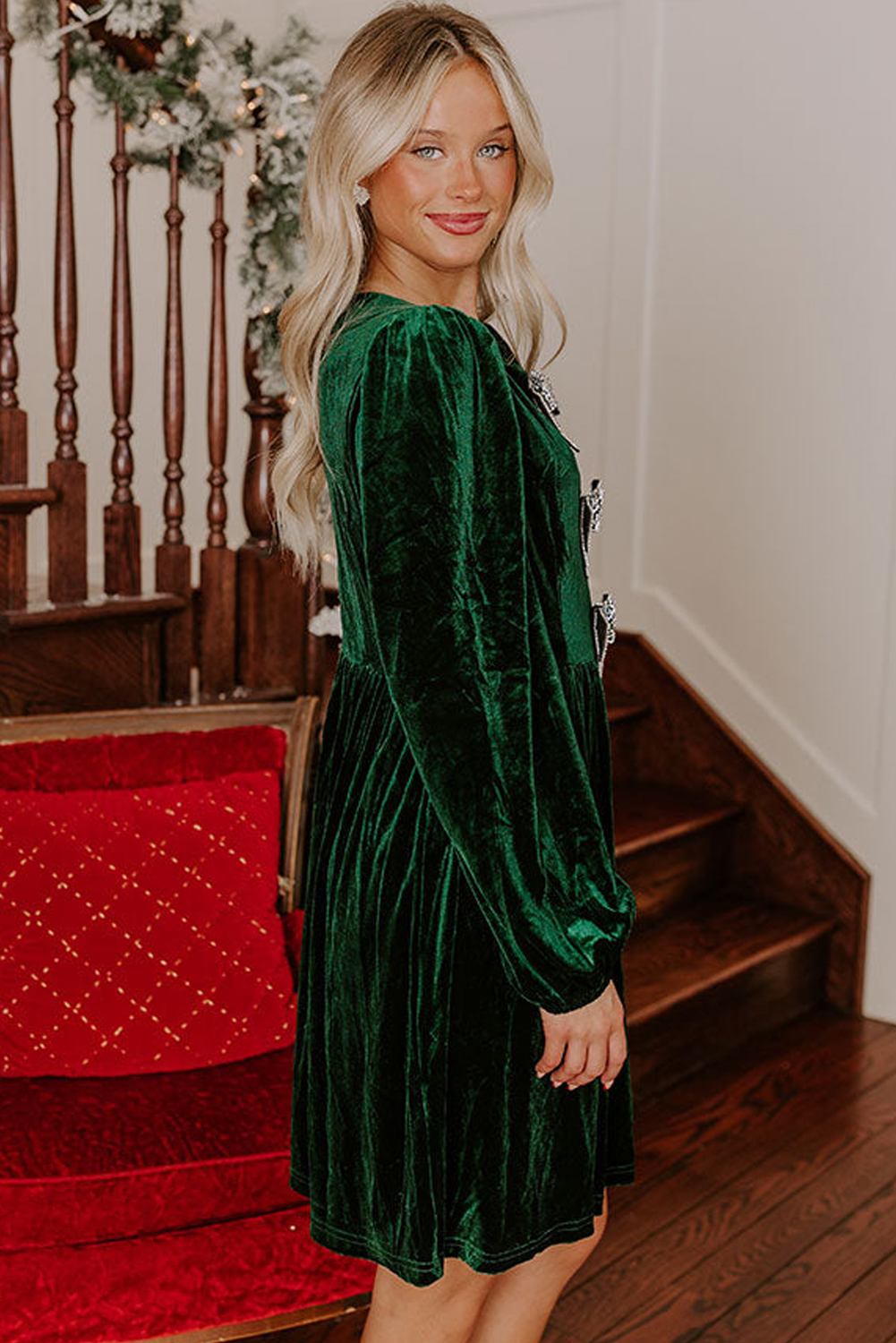 Chic High Waist A-Line Mini Dress in Evergreen - Casual Round Neck Dress for Daily Wear - Detail View 3 Chic High Waist A-Line Mini Dress in Evergreen - Casual Round Neck Dress for Daily Wear - Detail View 3