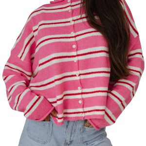 Women's Pink Striped Cardigan, Casual Button Front Sweater - Main View