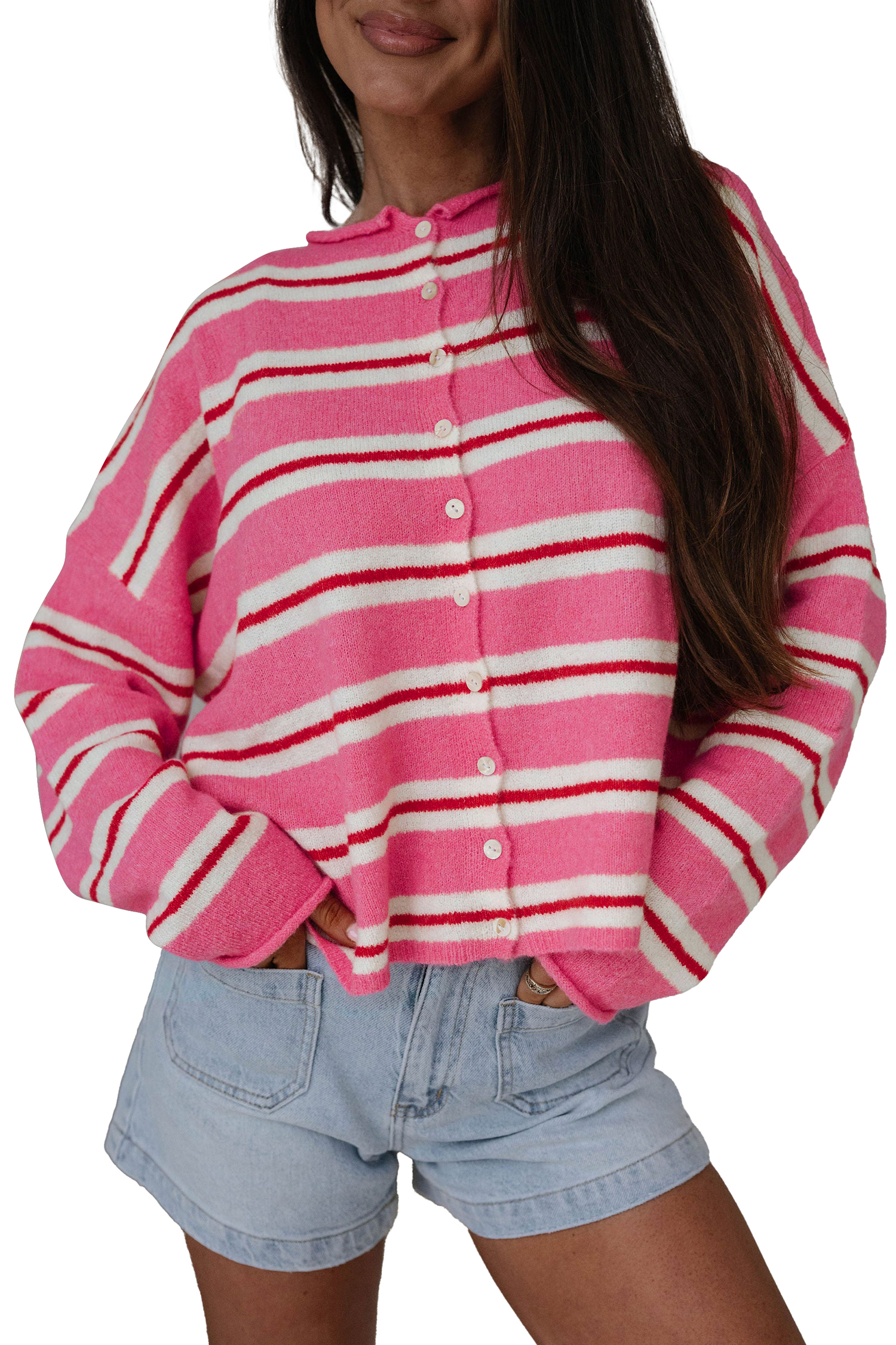 Women's Pink Striped Cardigan, Casual Button Front Sweater - Main View Women's Pink Striped Cardigan, Casual Button Front Sweater - Main View