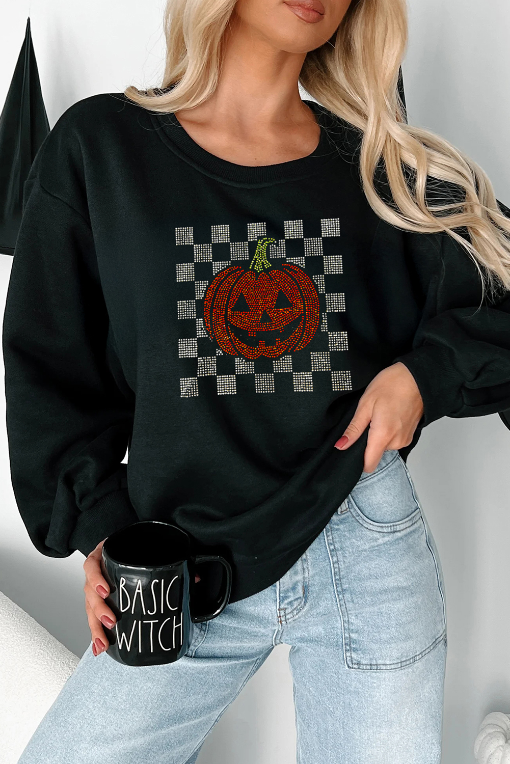 Casual Long Sleeve Black Sweatshirt with Rhinestone Jack-o-Lantern Design - Detail View 2 Casual Long Sleeve Black Sweatshirt with Rhinestone Jack-o-Lantern Design - Detail View 2