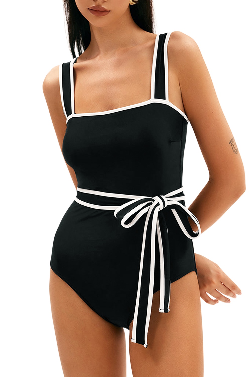 Women's Elegant Black Colorblock Edge Belted One Piece Swimsuit with Padded Support - Main View Women's Elegant Black Colorblock Edge Belted One Piece Swimsuit with Padded Support - Main View