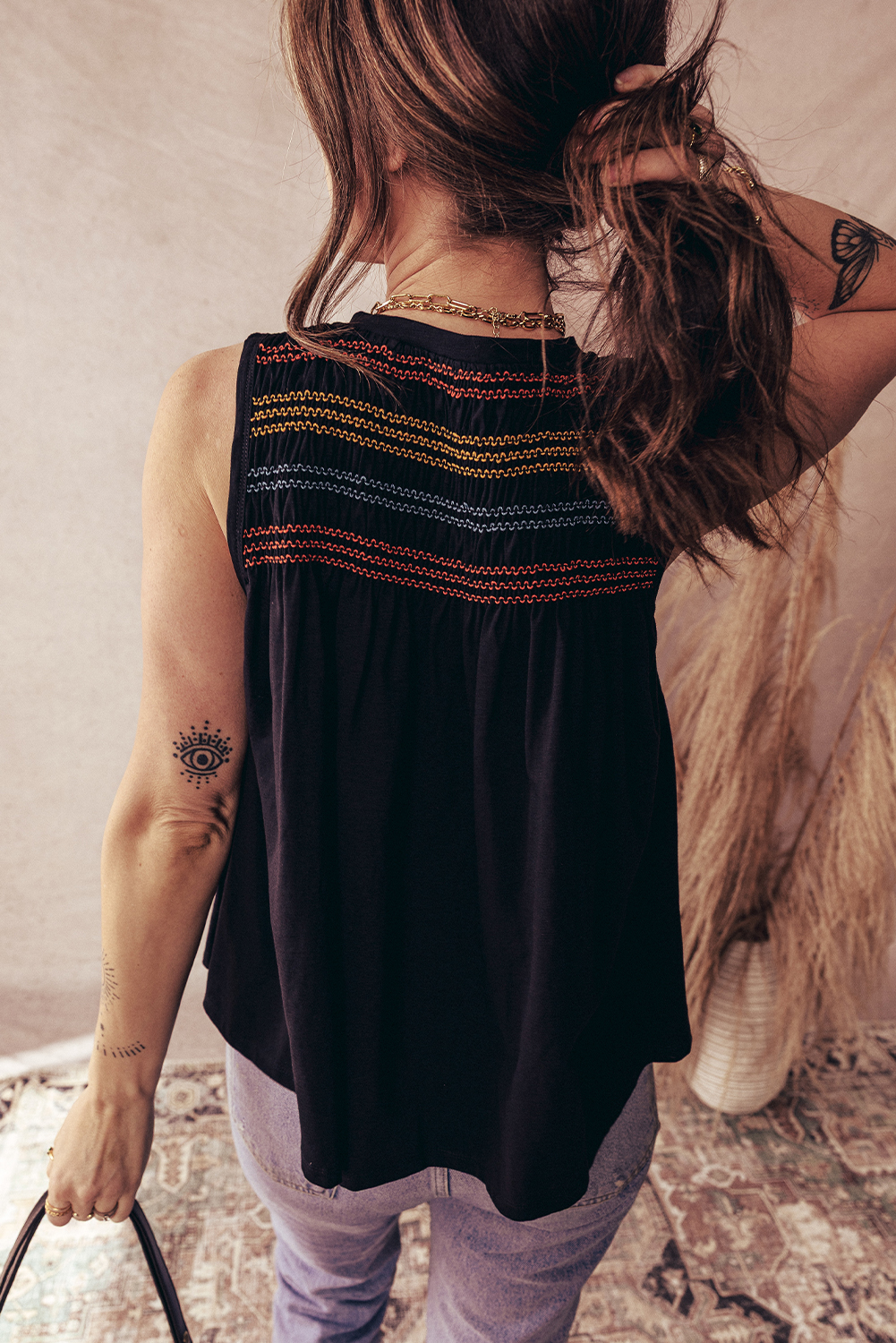 Chic and Unique Sleeveless Black Tank Top with Colorful Detail and Notched V Neck - Detail View 6 Chic and Unique Sleeveless Black Tank Top with Colorful Detail and Notched V Neck - Detail View 6