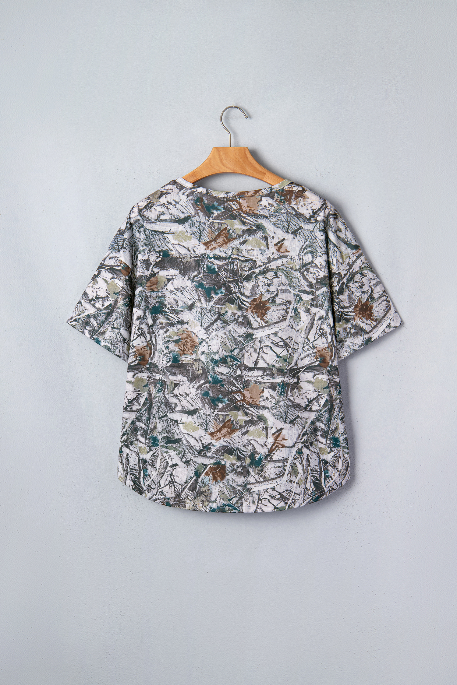 Women's Gray Abstract Woodland Henley – Short Sleeve Button Detail Shift Tunic Shirt - Detail View 7 Women's Gray Abstract Woodland Henley – Short Sleeve Button Detail Shift Tunic Shirt - Detail View 7