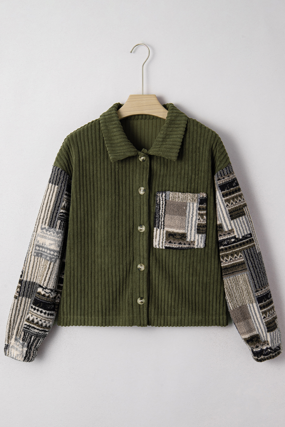 Casual Western-Style Jacket for Women in Jungle Green – Corduroy Plaid Print with Long Sleeves for Fall Outings - Detail View 5 Casual Western-Style Jacket for Women in Jungle Green – Corduroy Plaid Print with Long Sleeves for Fall Outings - Detail View 5