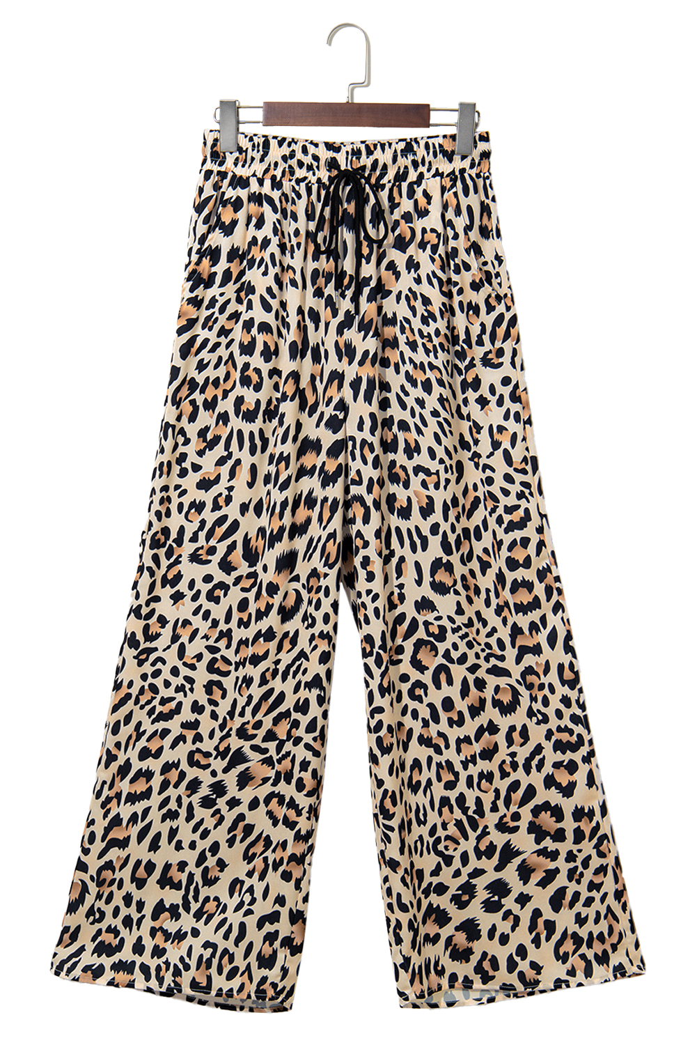 Casual Flowy Leopard Wide Leg Trousers with Elasticated Drawstring Waist - Detail View 2 Casual Flowy Leopard Wide Leg Trousers with Elasticated Drawstring Waist - Detail View 2