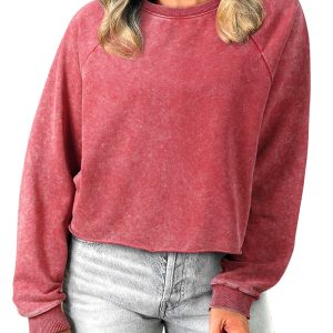 Women's Racing Red Mineral Wash Crop Sweatshirt – Casual Raglan Sleeve Design for Everyday Comfort - Main View