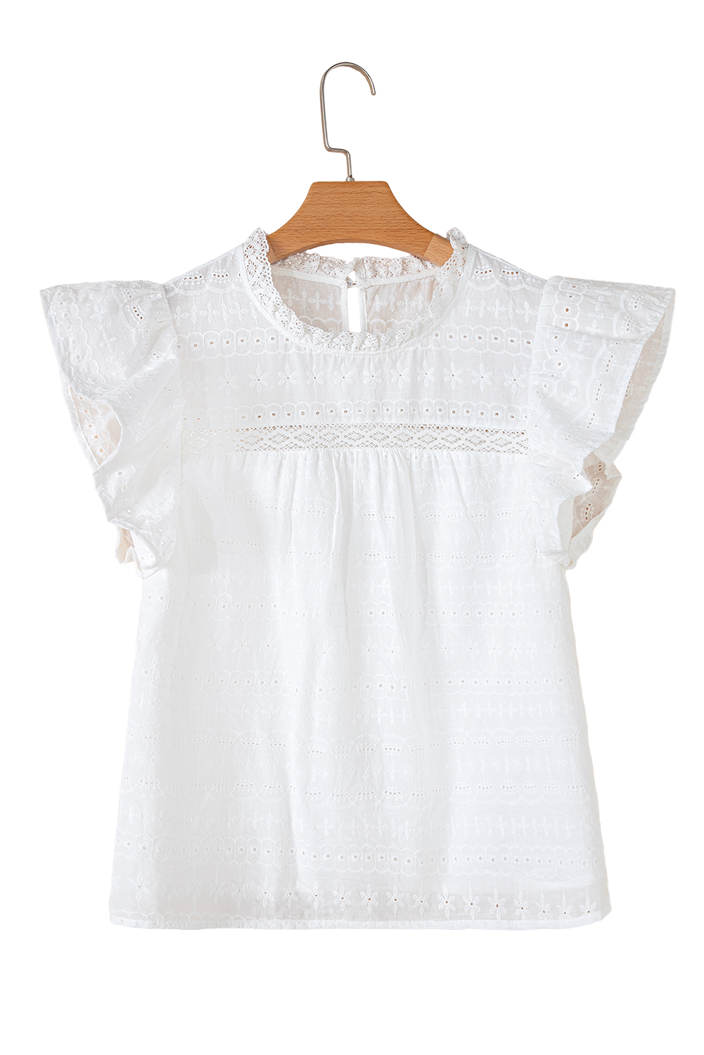 Women's Blouse, White Top, Lace Neckline, Flutter Sleeves, Eyelet Details, Casual Wear, Summer Fashion, Daily Outfit, Solid Color, Elegant Style, Country Chic, 100% Cotton, Shift Silhouette - Detail View 20 Women's Blouse, White Top, Lace Neckline, Flutter Sleeves, Eyelet Details, Casual Wear, Summer Fashion, Daily Outfit, Solid Color, Elegant Style, Country Chic, 100% Cotton, Shift Silhouette - Detail View 20