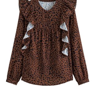 Elegant Brown Leopard Print Ruffled Puff Sleeve Blouse for Women - Main View