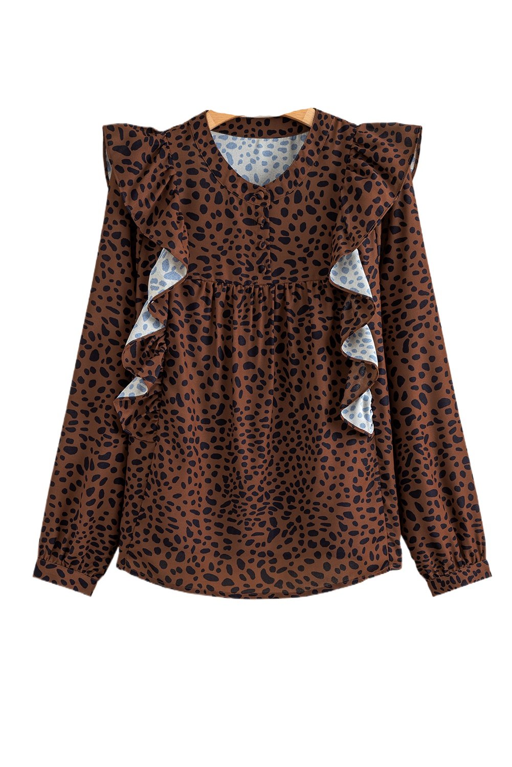 Elegant Brown Leopard Print Ruffled Puff Sleeve Blouse for Women - Main View Elegant Brown Leopard Print Ruffled Puff Sleeve Blouse for Women - Main View