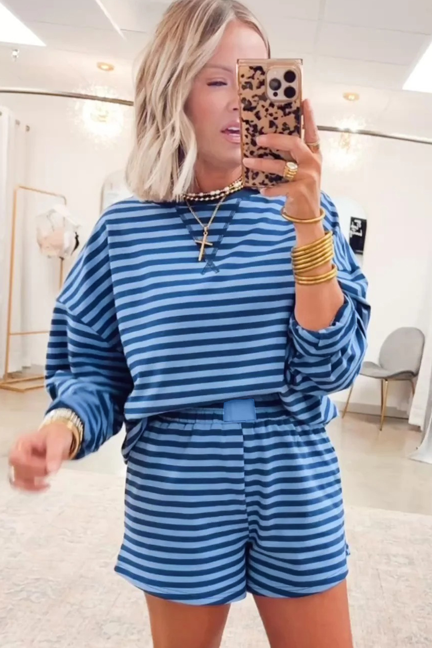 Chic Blue Stripe Drop Shoulder Pullover and Shorts Set – Effortless Style for Spring Adventures - Detail View 2 Chic Blue Stripe Drop Shoulder Pullover and Shorts Set – Effortless Style for Spring Adventures - Detail View 2