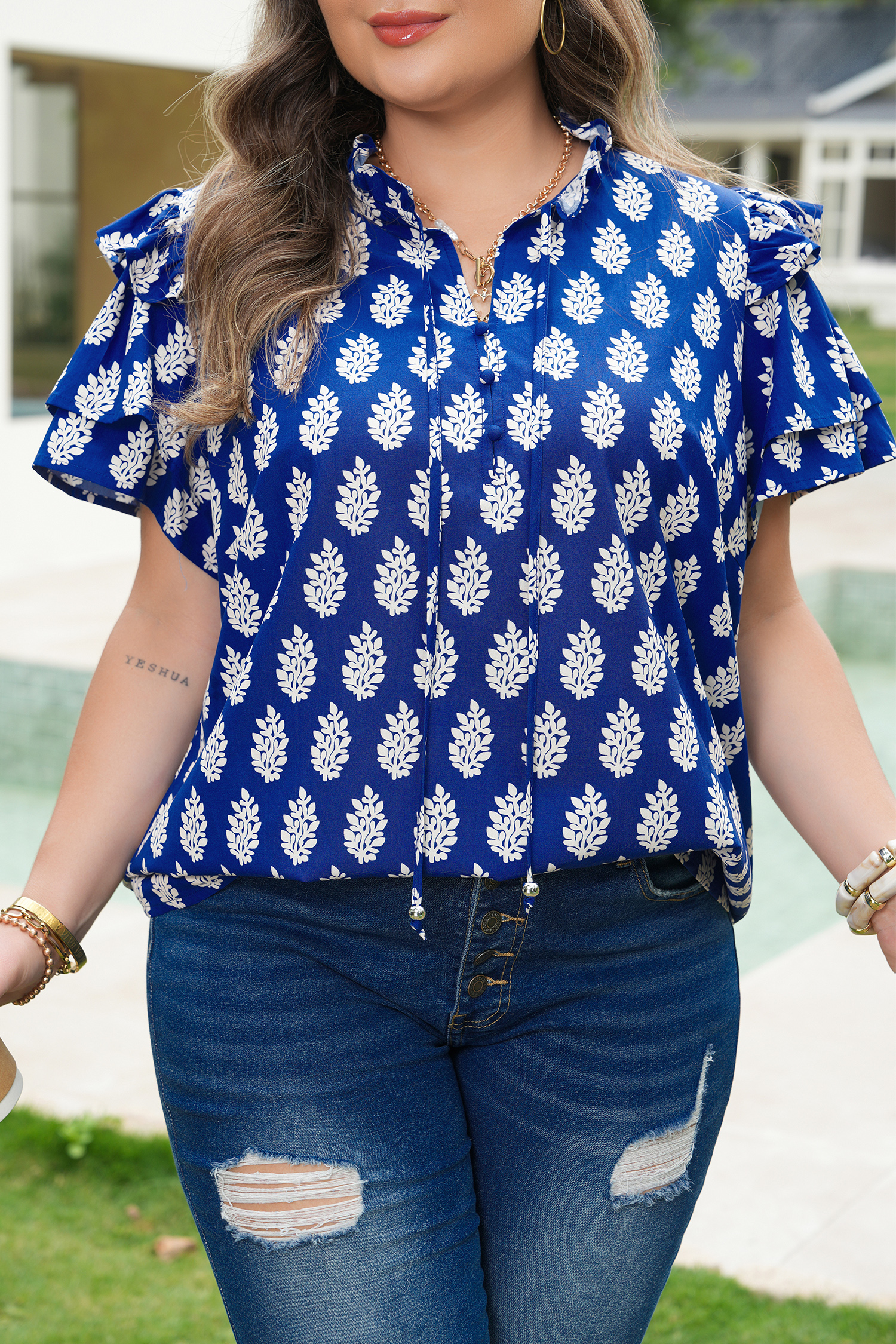 Blue Floral Botanical Blouse for Women – Plus Size V Neck Ruffle Sleeve Top, Relaxed Casual Summer Shift - Detail View 14 Blue Floral Botanical Blouse for Women – Plus Size V Neck Ruffle Sleeve Top, Relaxed Casual Summer Shift - Detail View 14