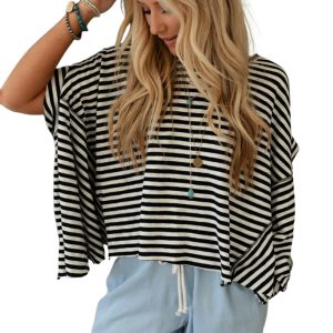 Women's Black Stripe Batwing Sleeve Oversized Crewneck Top - Trendy Casual Wear - Main View