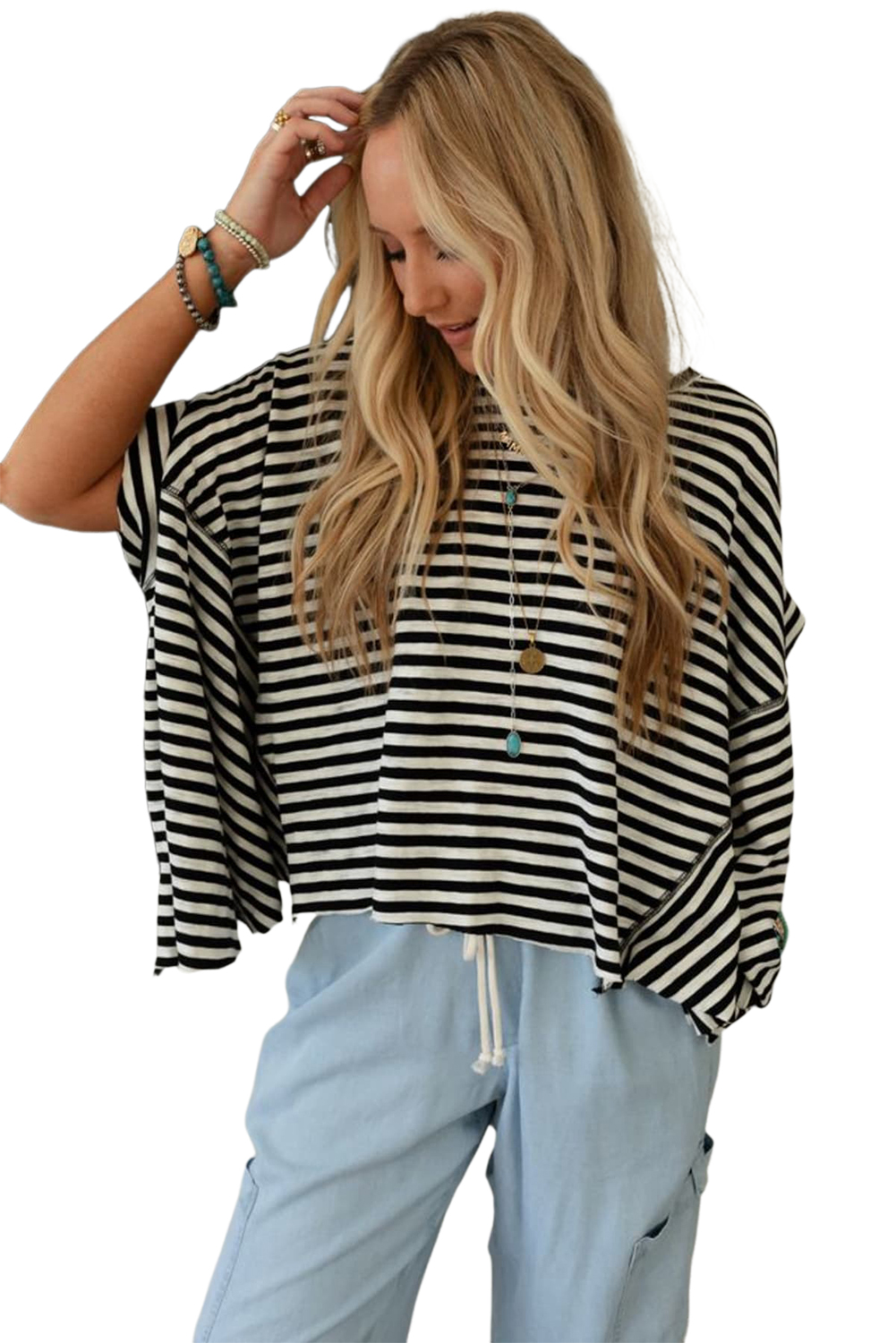 Women's Black Stripe Batwing Sleeve Oversized Crewneck Top - Trendy Casual Wear - Main View Women's Black Stripe Batwing Sleeve Oversized Crewneck Top - Trendy Casual Wear - Main View