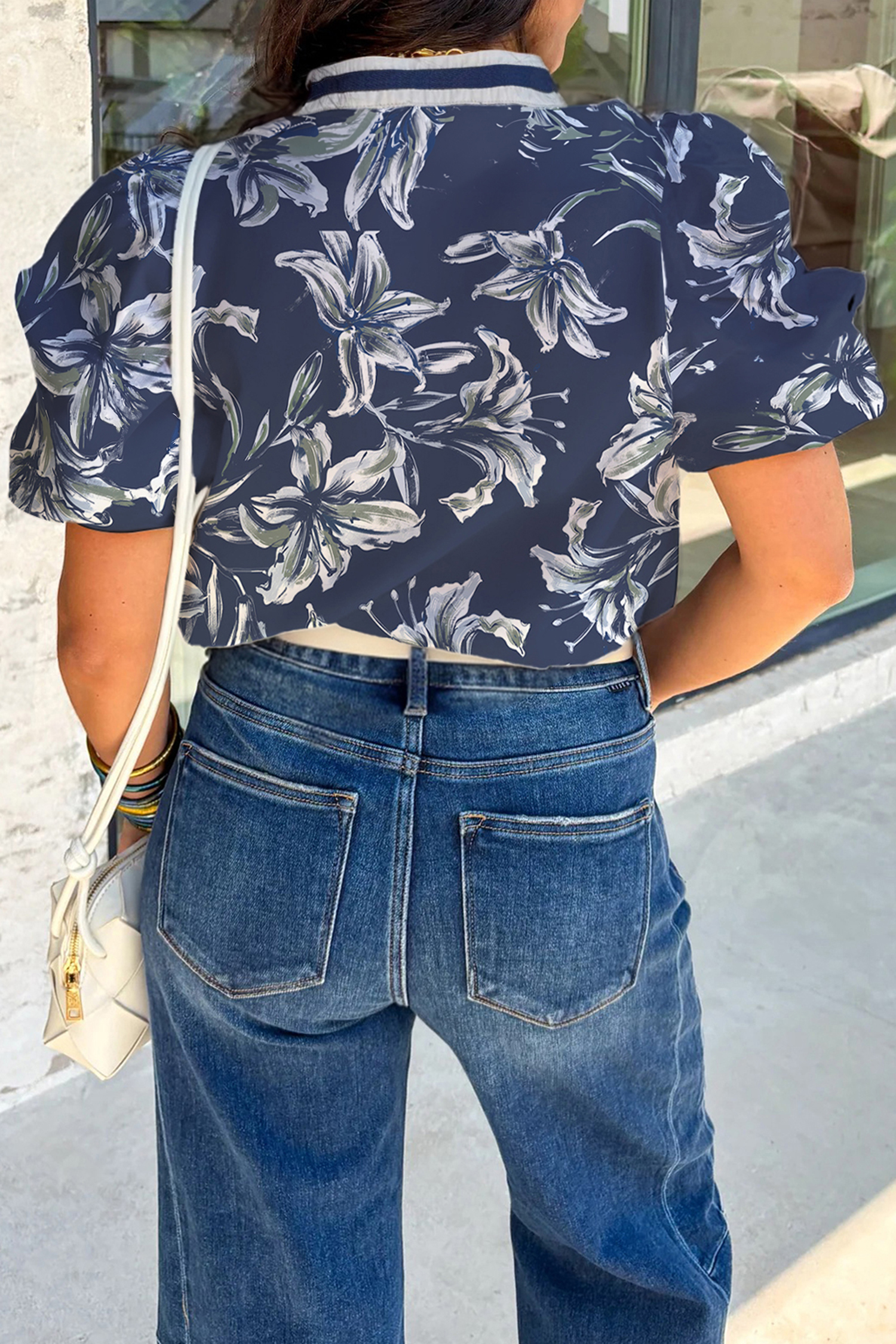 Chic Blue Floral V Neck Blouse with Puff Sleeves - Perfect for Daily Wear and Outings - Detail View 2 Chic Blue Floral V Neck Blouse with Puff Sleeves - Perfect for Daily Wear and Outings - Detail View 2