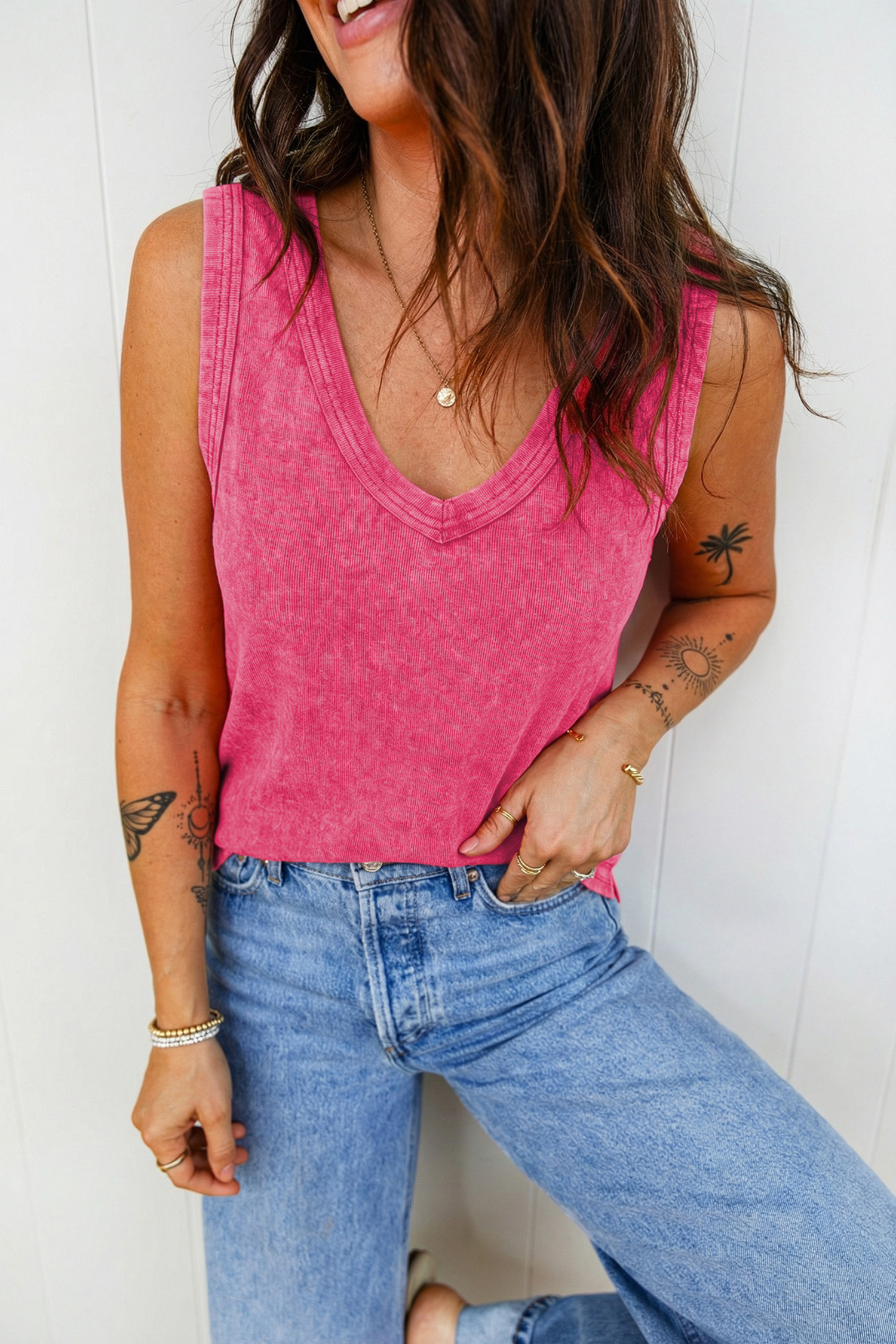Chic Rose Red V Neck Tank Top – Vintage Style for Women’s Casual Summer Outfits - Detail View 3 Chic Rose Red V Neck Tank Top – Vintage Style for Women’s Casual Summer Outfits - Detail View 3