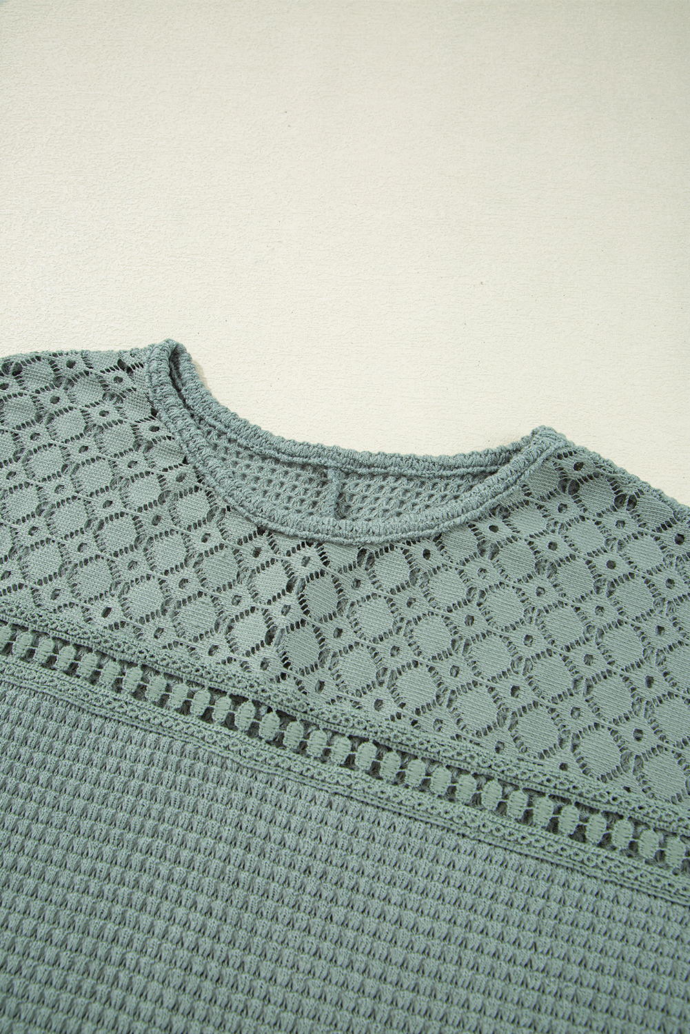 Casual Lace Waffle Knit Tee, Women's Round Neck Summer Top - Detail View 11 Casual Lace Waffle Knit Tee, Women's Round Neck Summer Top - Detail View 11