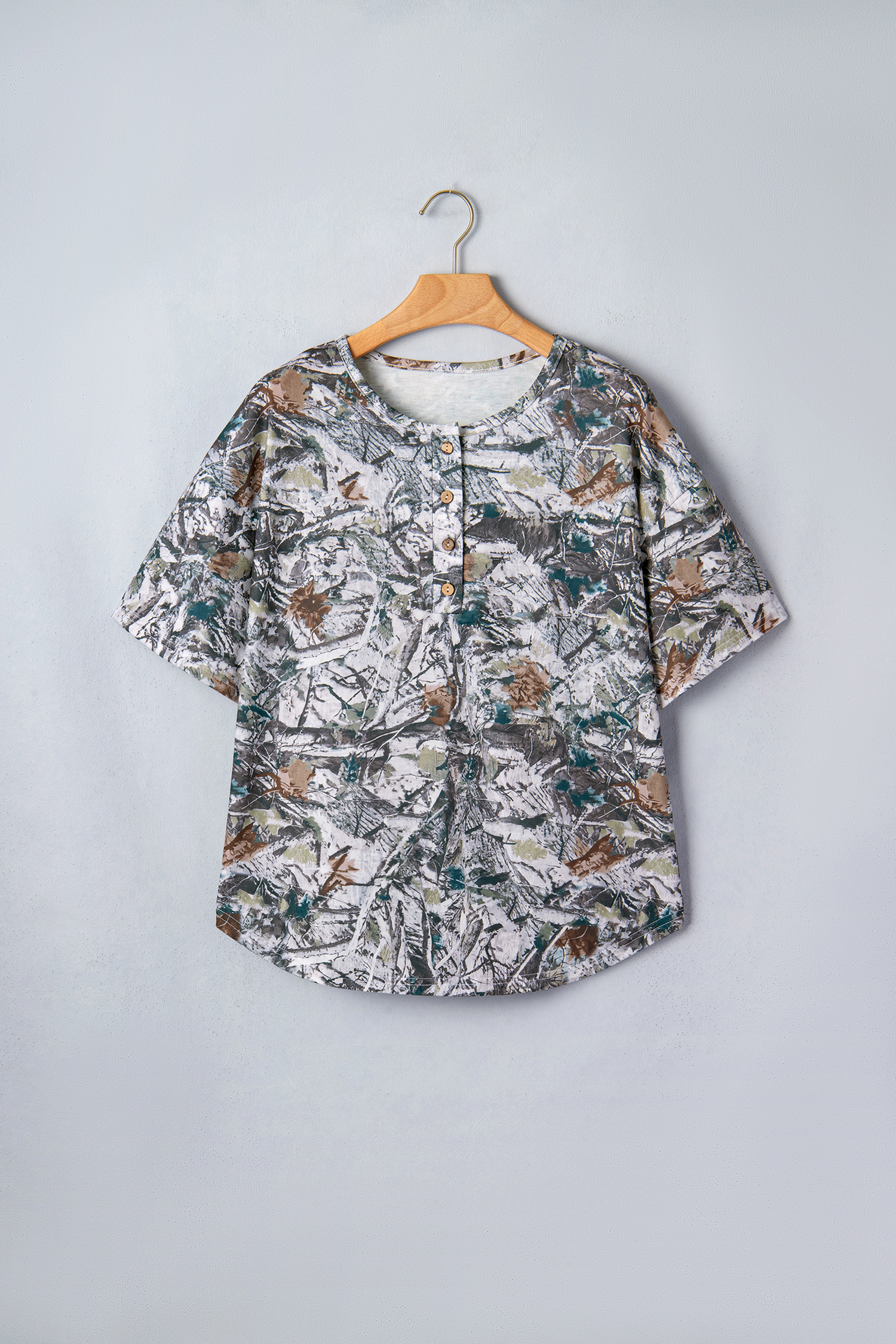 Casual Gray Abstract Woodland Henley Tunic – Comfortable Women's Short Sleeve Top - Detail View 6 Casual Gray Abstract Woodland Henley Tunic – Comfortable Women's Short Sleeve Top - Detail View 6