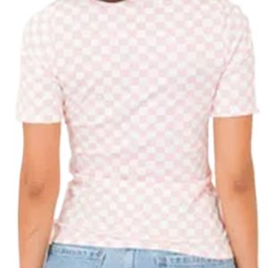 Women's Pink Checkered Ribbed Slim Fit Crew Neck T-Shirt for Casual Wear - Main View