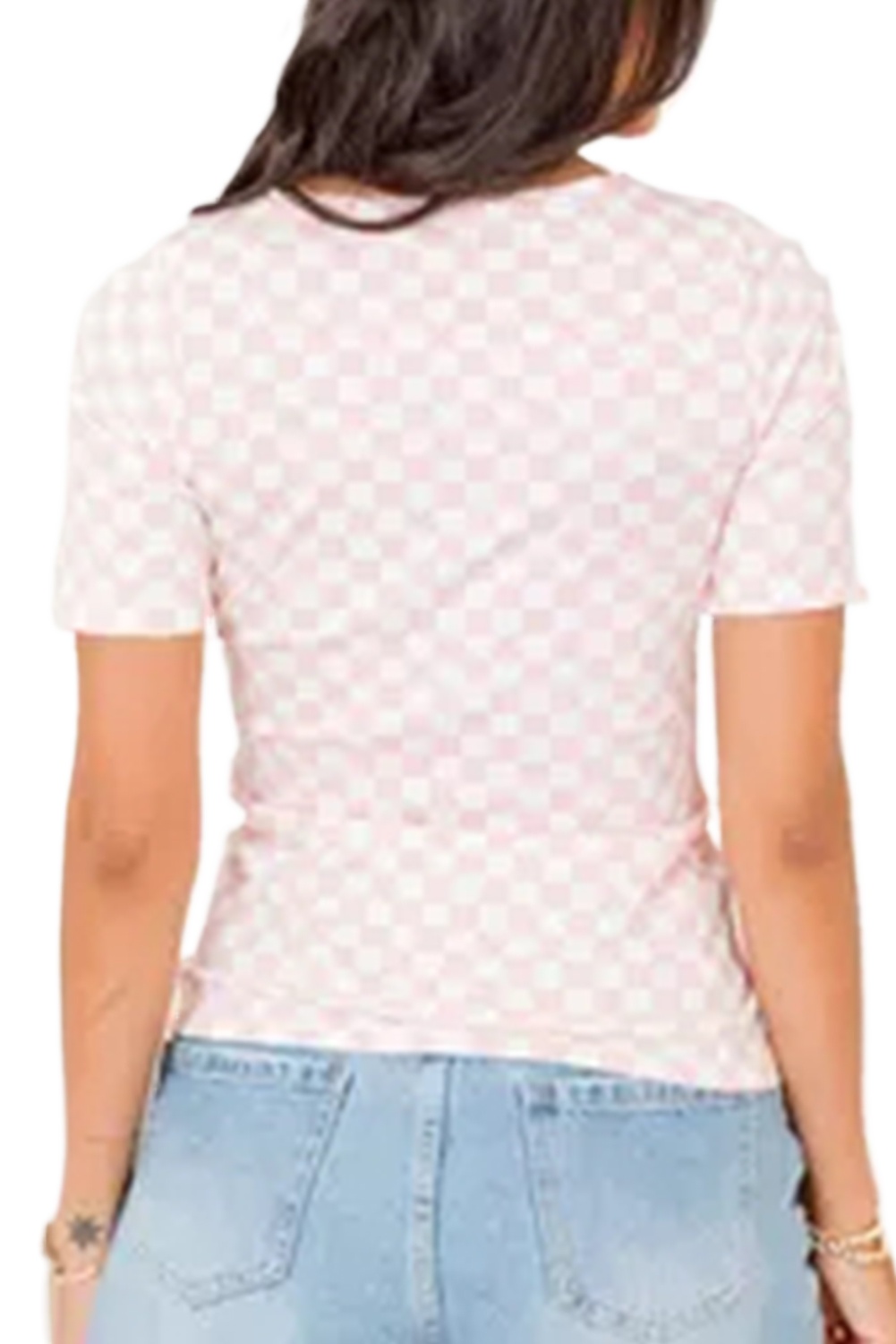 Women's Pink Checkered Ribbed Slim Fit Crew Neck T-Shirt for Casual Wear - Main View Women's Pink Checkered Ribbed Slim Fit Crew Neck T-Shirt for Casual Wear - Main View